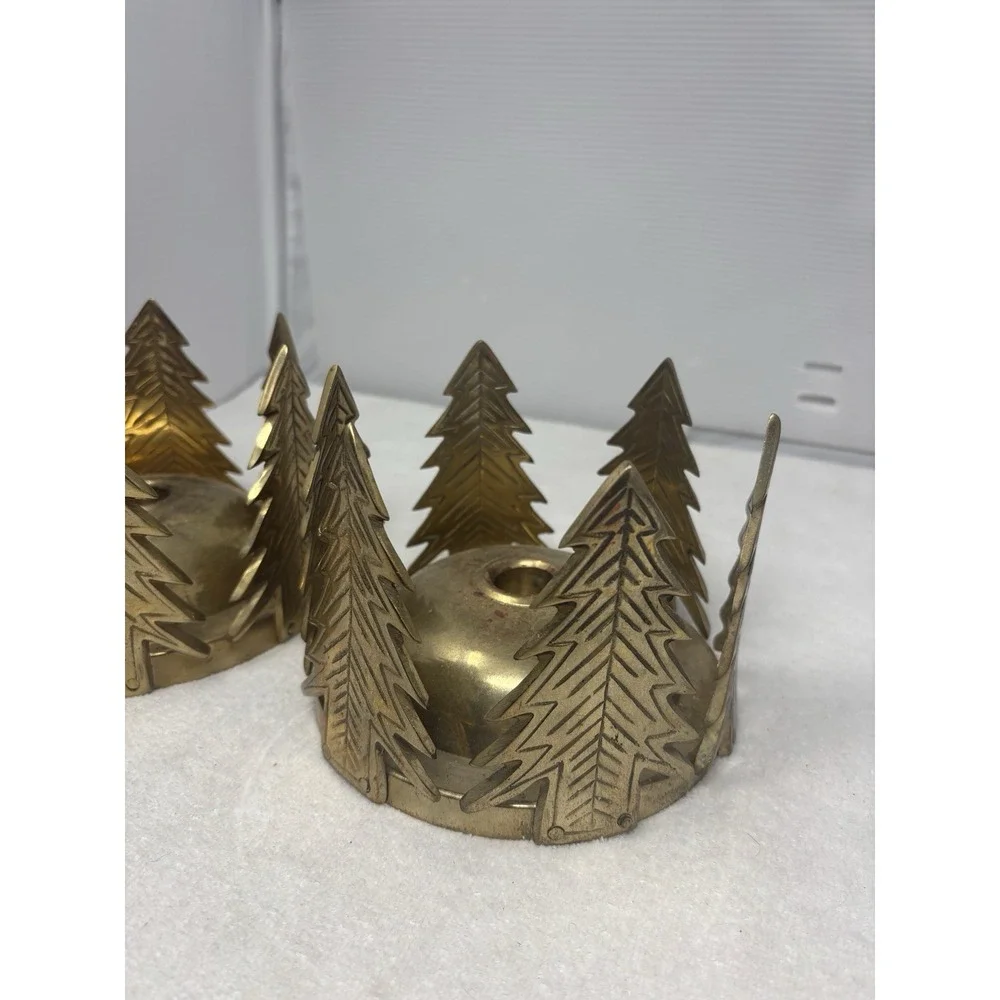 Vtg Round Brass Candle Holder Pine Trees‎ Hand Made India 6